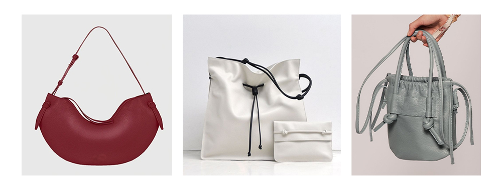 Example of a handbag with a handle secured by a knot