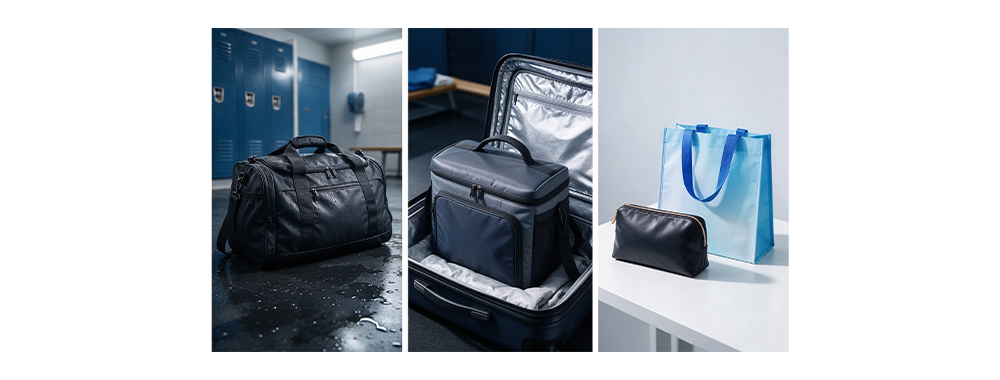 Three bag scenarios matched with antimicrobial treatments a gym bag for frequent washing, a cooler bag and suitcase lining for humid environments, and a cosmetic pouch